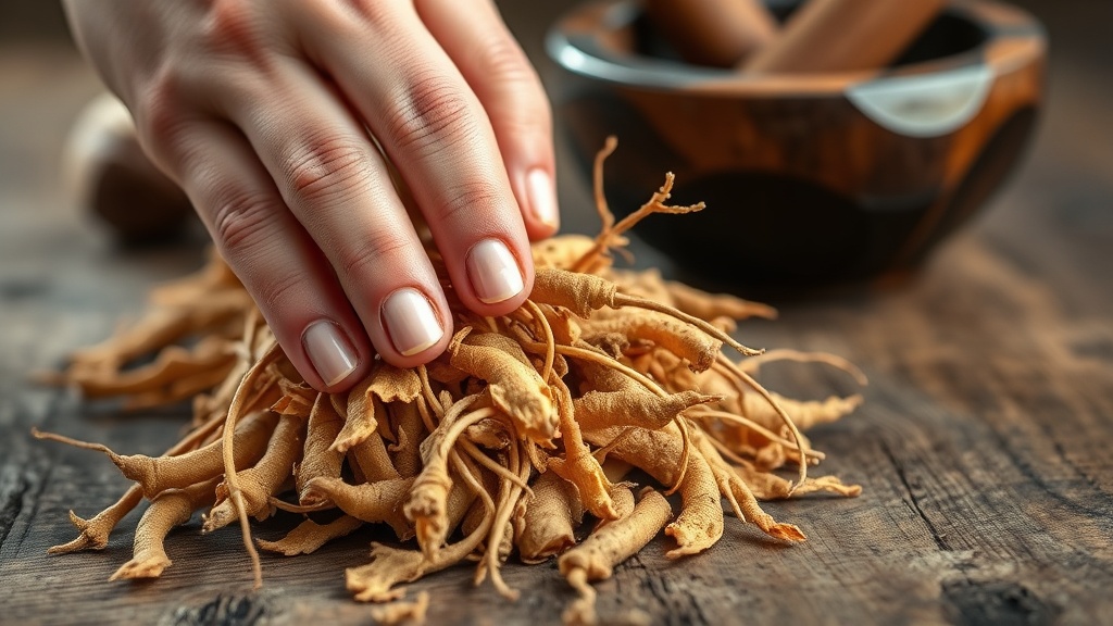Close-up of dried Siberian ginseng root pieces on a wooden surface with a mortar and pestle in the background.