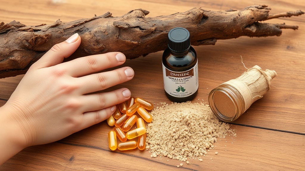 Three forms of Siberian ginseng: capsules, tincture bottle and dried root powder on a wooden surface.