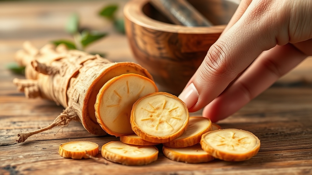 Close-up of Siberian ginseng root slices on a wooden surface with a mortar and pestle in the background.