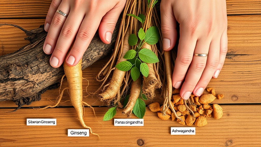 Comparison of Siberian ginseng, Panax ginseng, and ashwagandha roots on a wooden surface with text labels.