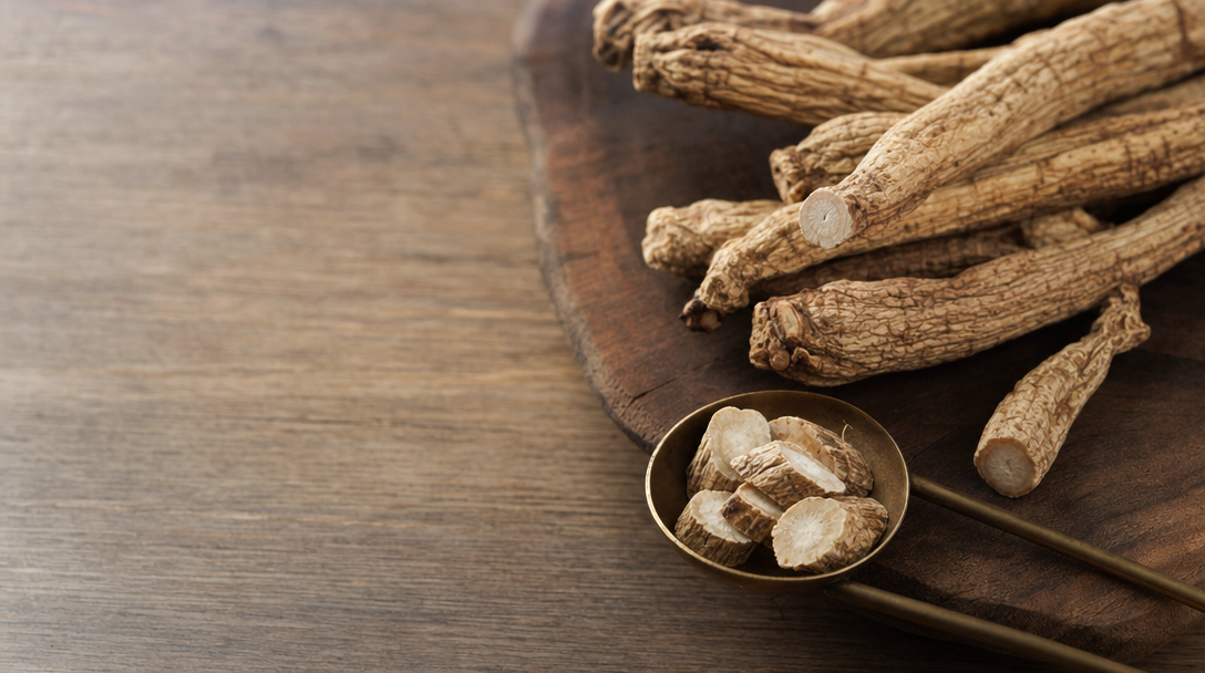 Close-up of dried Siberian ginseng root pieces on a wooden surface with a measuring spoon