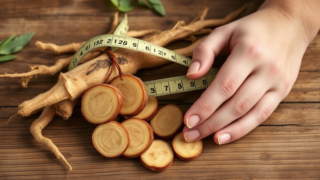 Siberian ginseng root slices on a wooden surface with a measuring tape, symbolising caution in pregnancy and paediatric use.