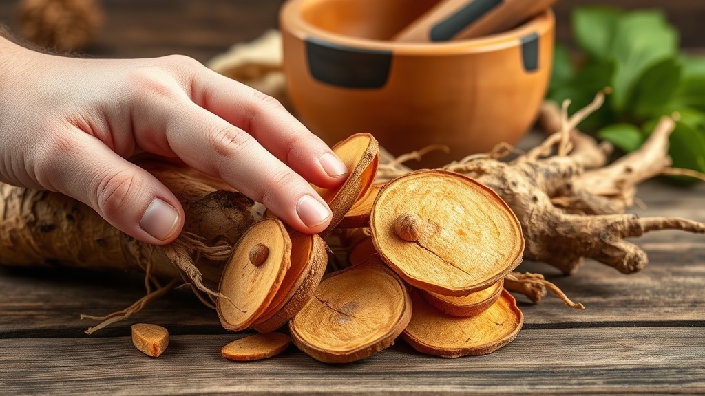 Close-up of dried Siberian ginseng root slices on a wooden surface with a mortar and pestle in the background.
