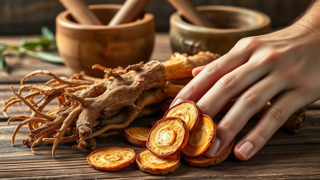 Close-up of dried Siberian ginseng root slices on a wooden surface with a mortar and pestle in the background.