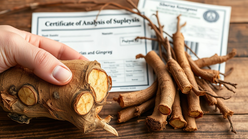 Close-up of dried Siberian ginseng root pieces on a wooden surface with a certificate of analysis document in background