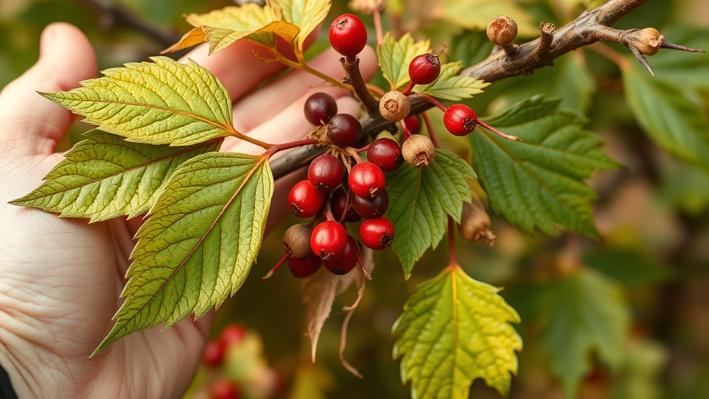Close-up of Siberian ginseng (Eleutherococcus senticosus) leaves and berries on a thorny stem